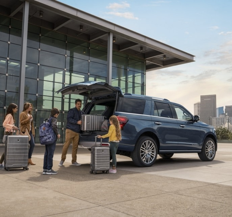 An angled shot from the rear quarter panel direction of the a Ford Expedition being unloaded by a family who appear to have parked awkwardly close to the airport terminal..