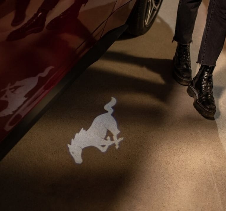 Ford Mustang logo on a garage floor