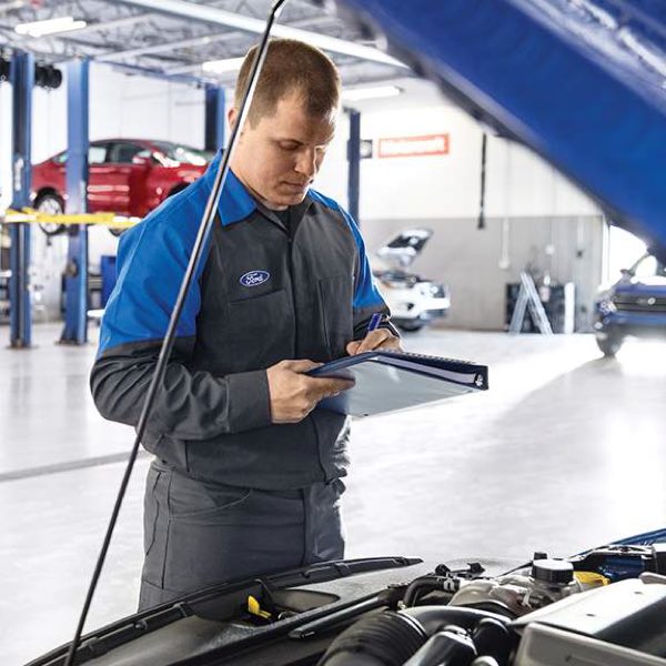 Technician servicing vehicle