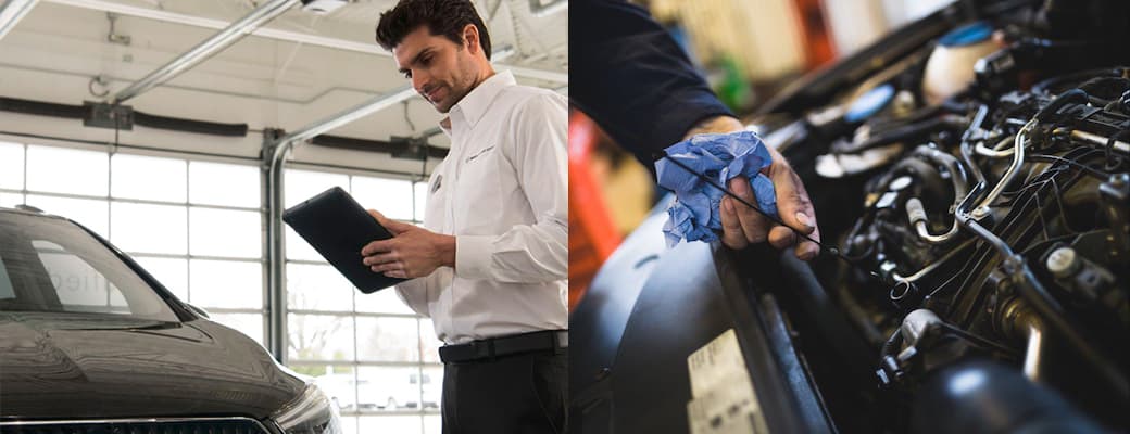 A service person helping a customer and an oil change.