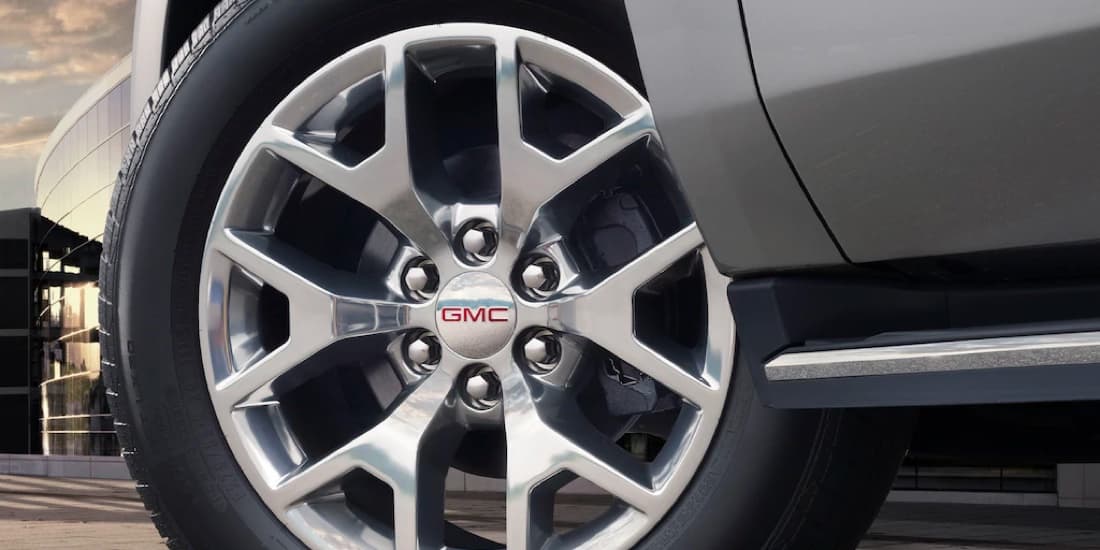 A closeup shot of Yukon's left front wheel.