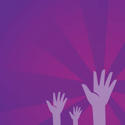 A purple-themed image featuring hands being raised in the air