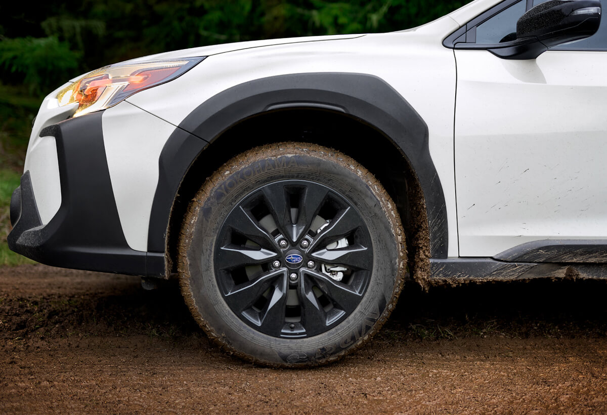 Close-up view of a 2023 Subaru vehicle wheel and tire.