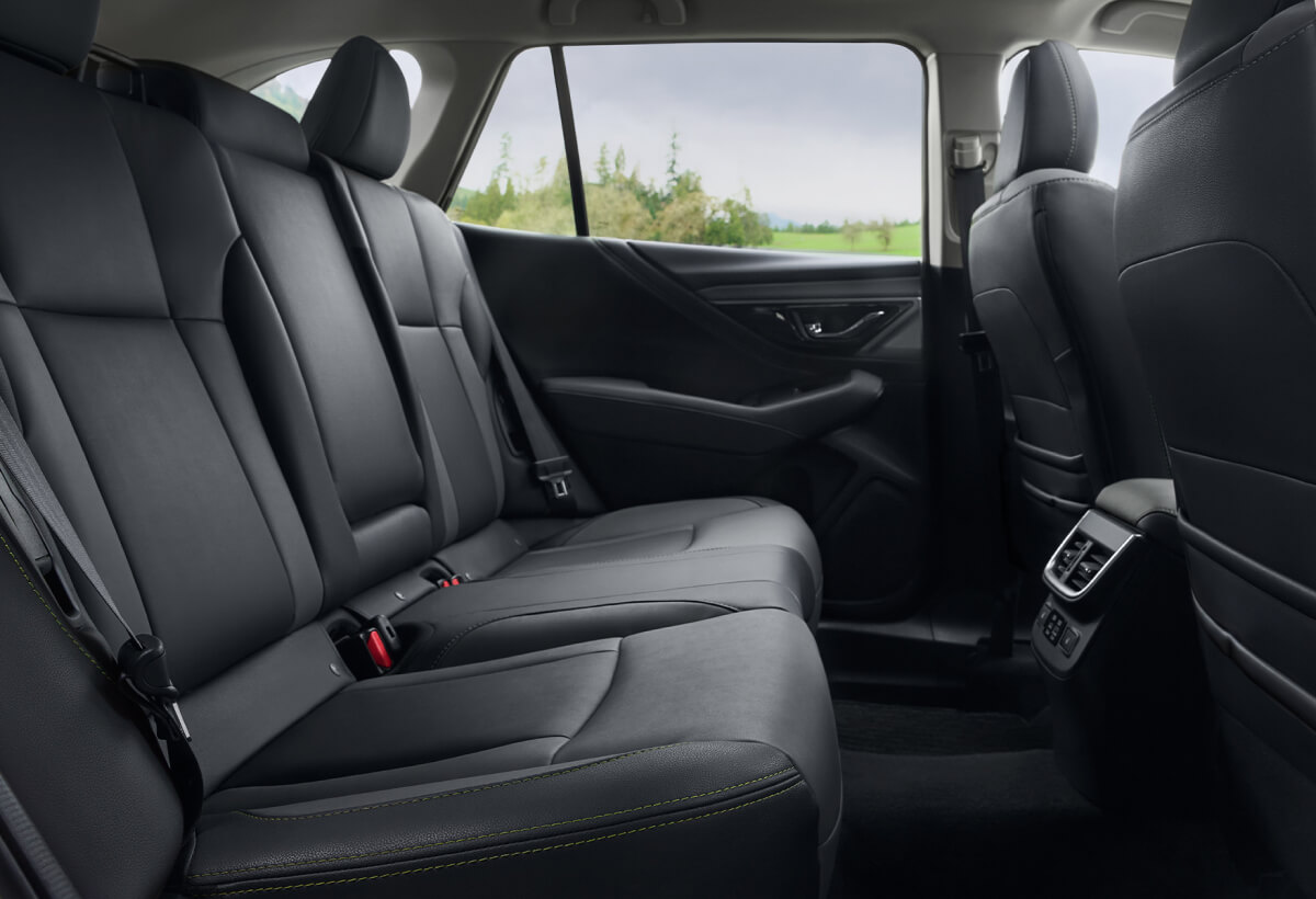 Interior view of the spacious backseat of a 2023 Subaru vehicle.